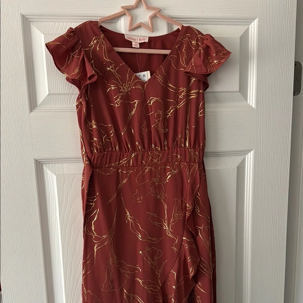 Kids 8 Chic Rust Dress with Gold Floral Accents, New with Tags!